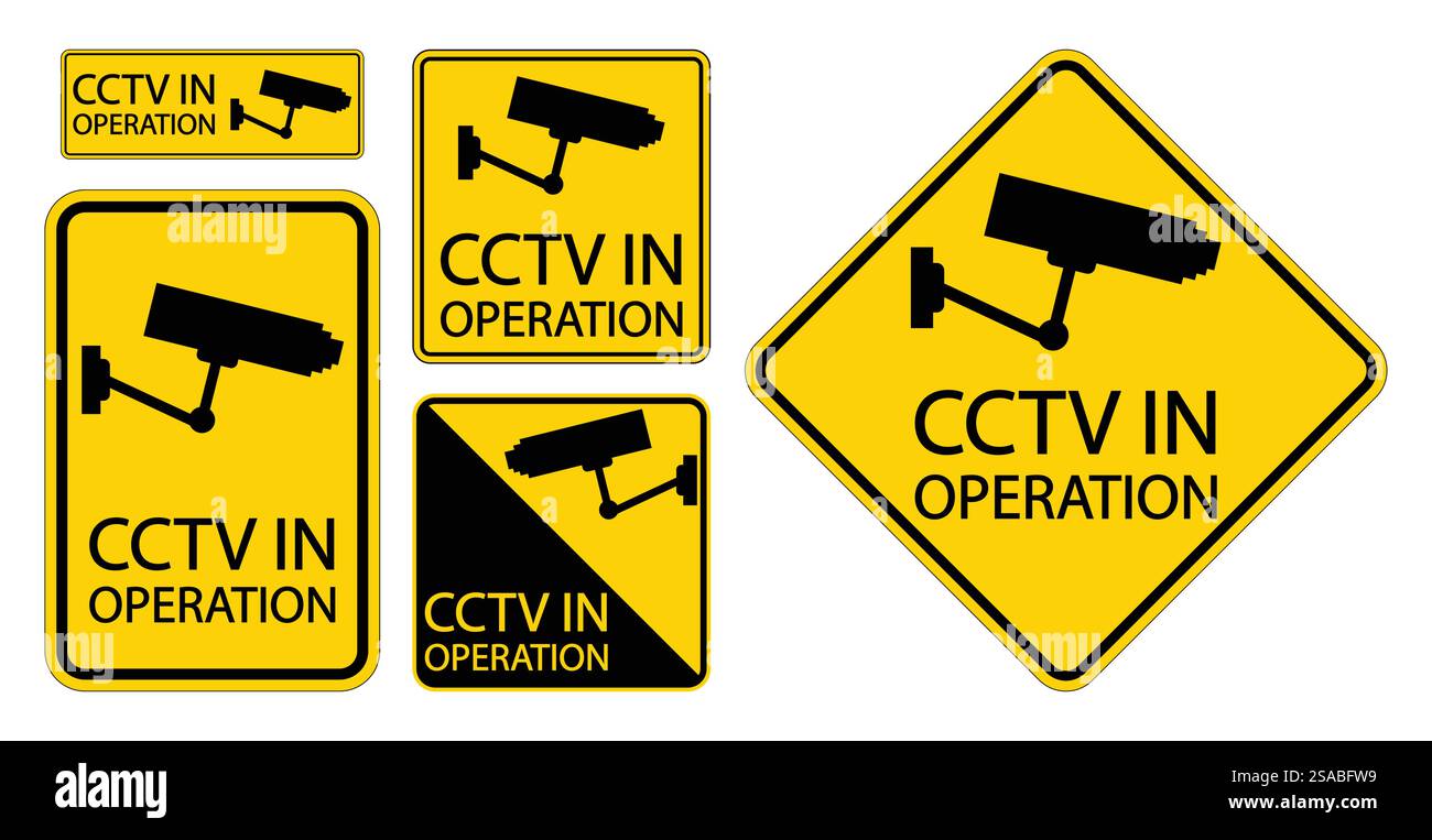 Collection of CCTV surveillance signs on yellow backgrounds, featuring ...