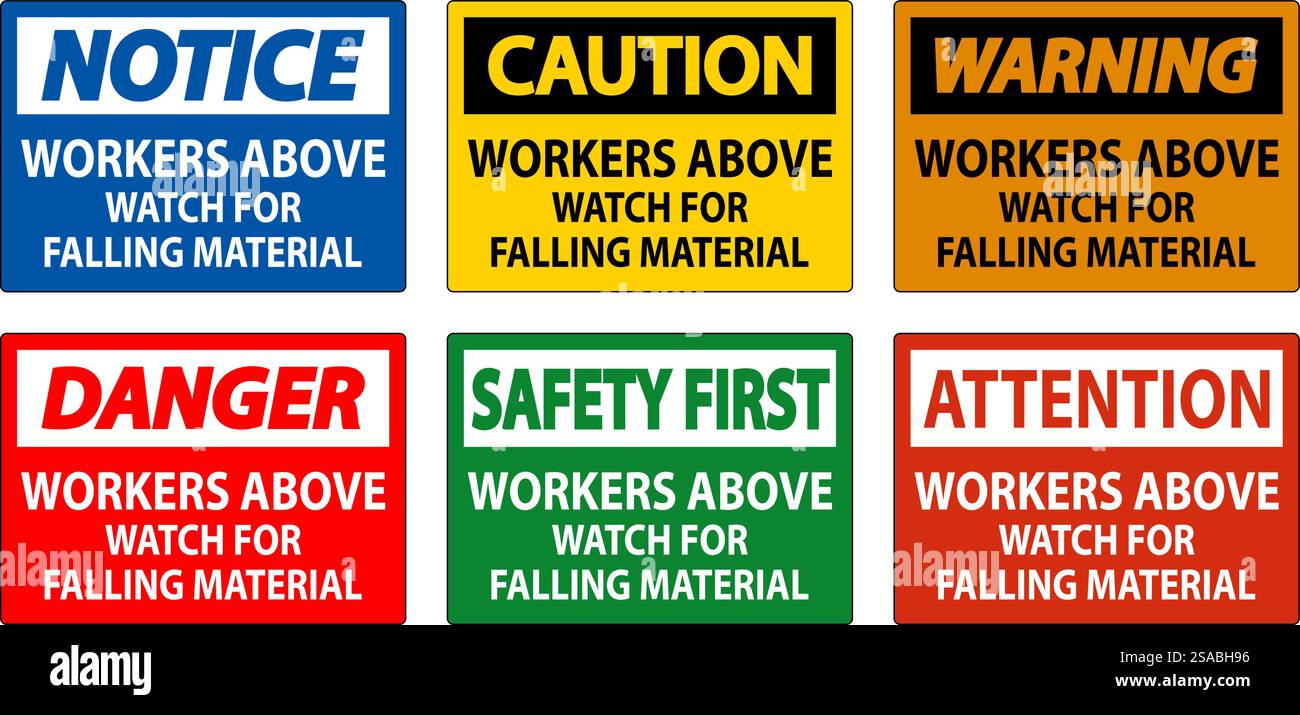 Danger Sign, Workers Above Watch For Falling Material Stock Vector