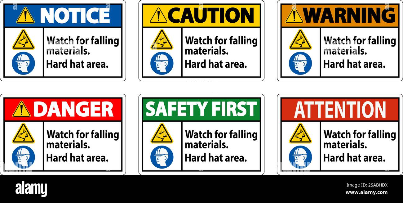 Warning Sign, Watch For Falling Materials, Hard Hat Area Stock Vector