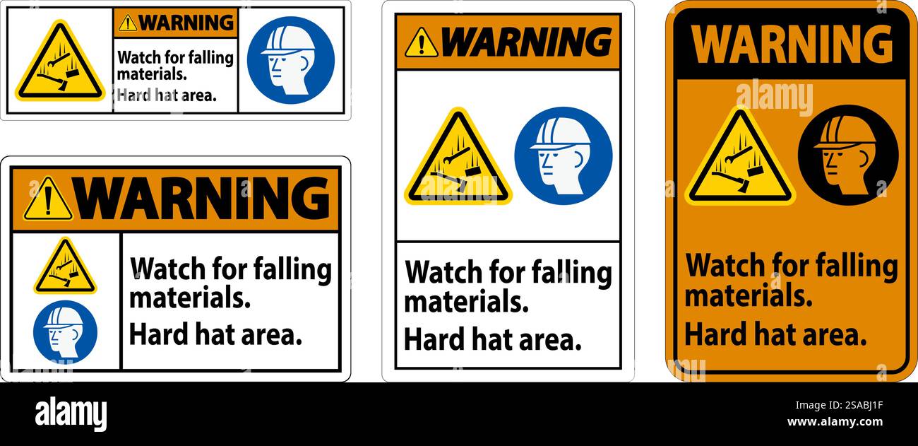 Warning Sign, Watch For Falling Materials, Hard Hat Area Stock Vector