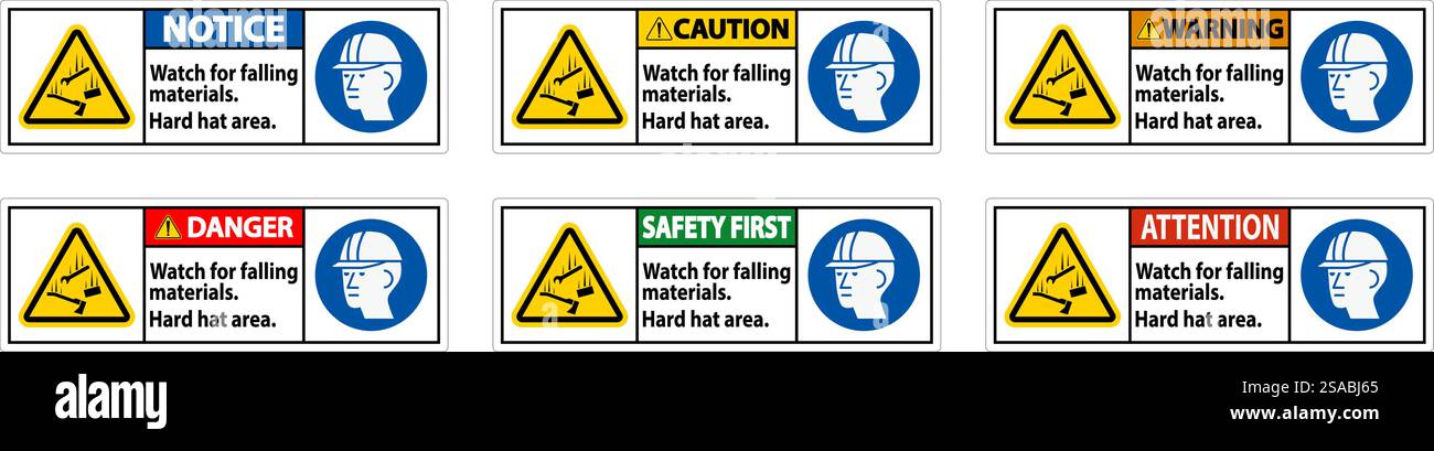 Warning Sign, Watch For Falling Materials, Hard Hat Area Stock Vector