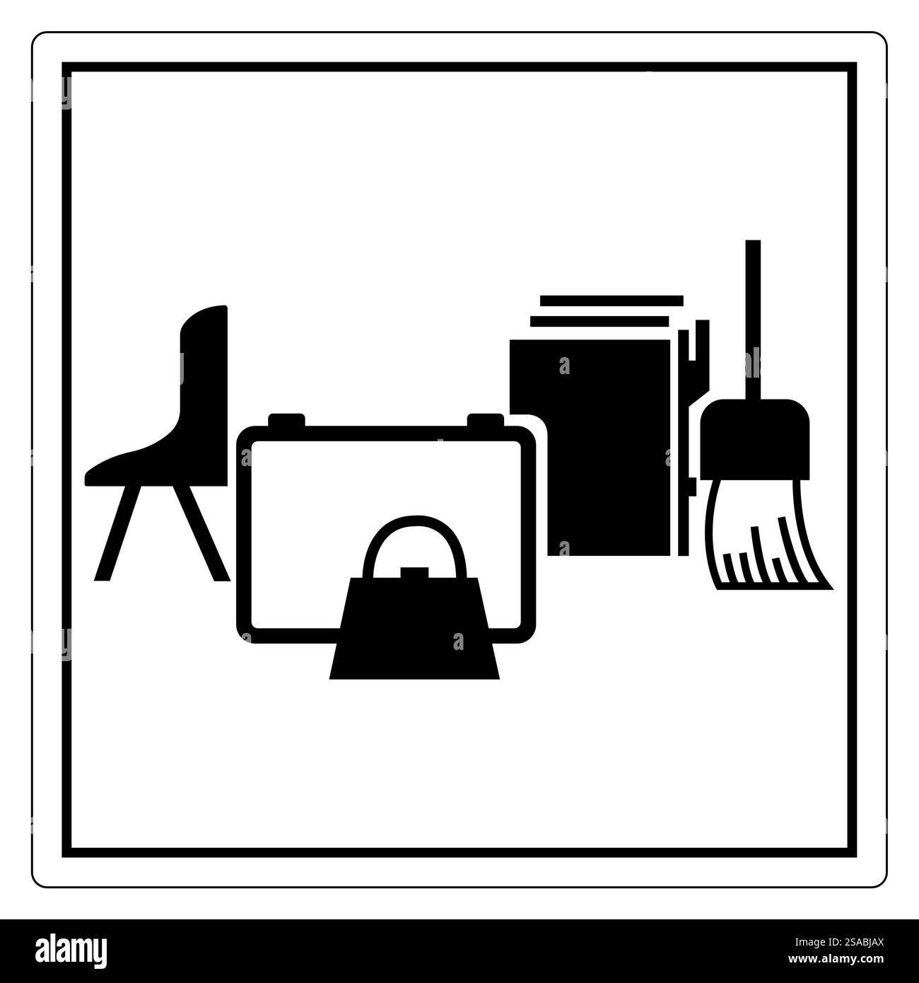 A minimalist icon set featuring essential office items like a chair, briefcase, books, and broom. Ideal for workspace design and organization themes. Stock Vector