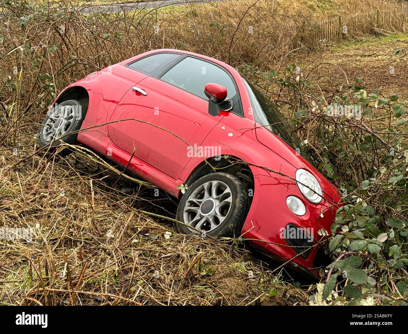 Pontyclun, Wales, UK - 29 January 2025: Small red car on its side in bushes after crashing off a road. No people. - Smartphone Captured Stock Image
