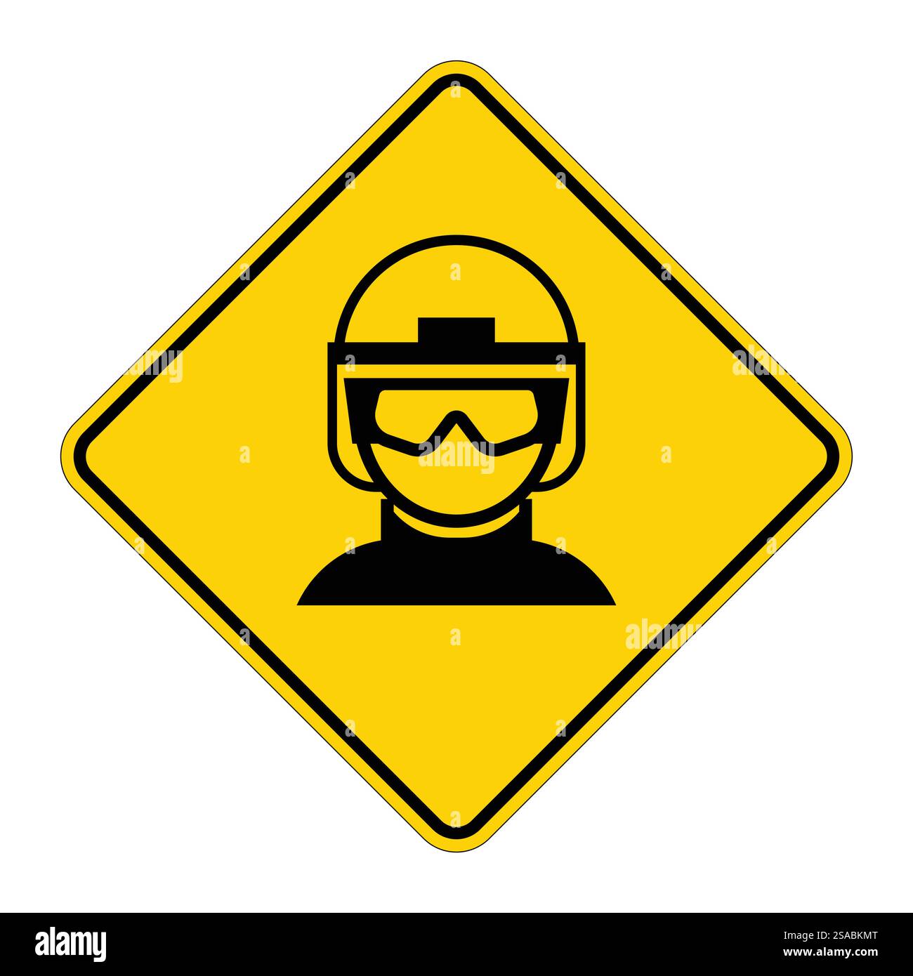 This caution sign features a silhouette of an individual wearing protective gear, including a helmet and goggles, highlighting safety in work environments. Stock Vector