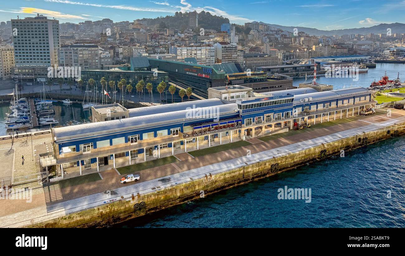 Vigo, Spain - 14 January 2025: Aerial view of the cruise terminal in the port of Vigo. - Smartphone Captured Stock Image