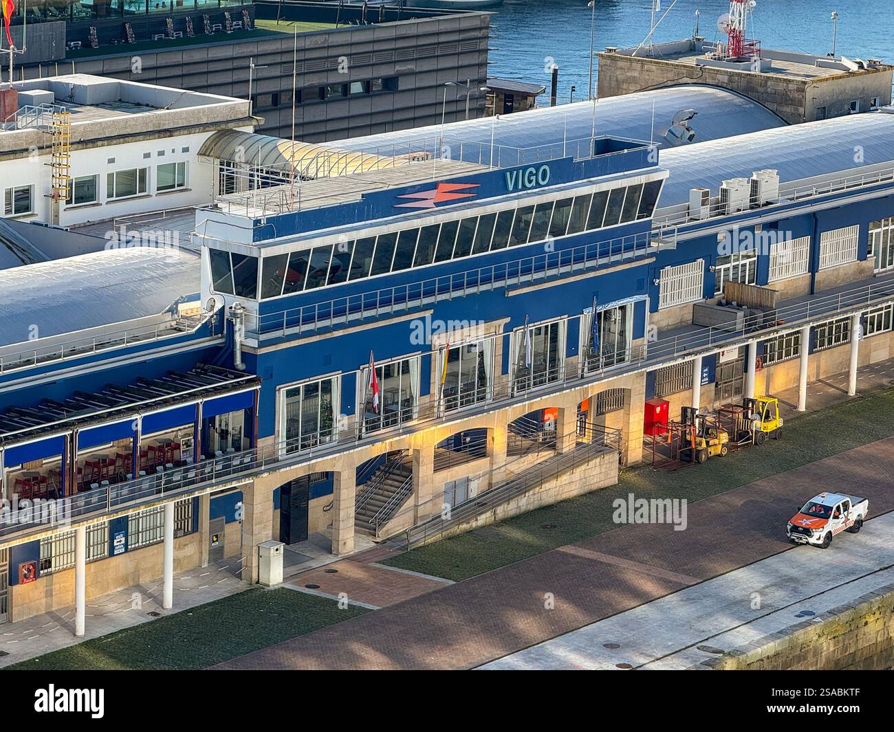 Vigo, Spain - 14 January 2025: Aerial view of the cruise terminal in the port of Vigo. - Smartphone Captured Stock Image
