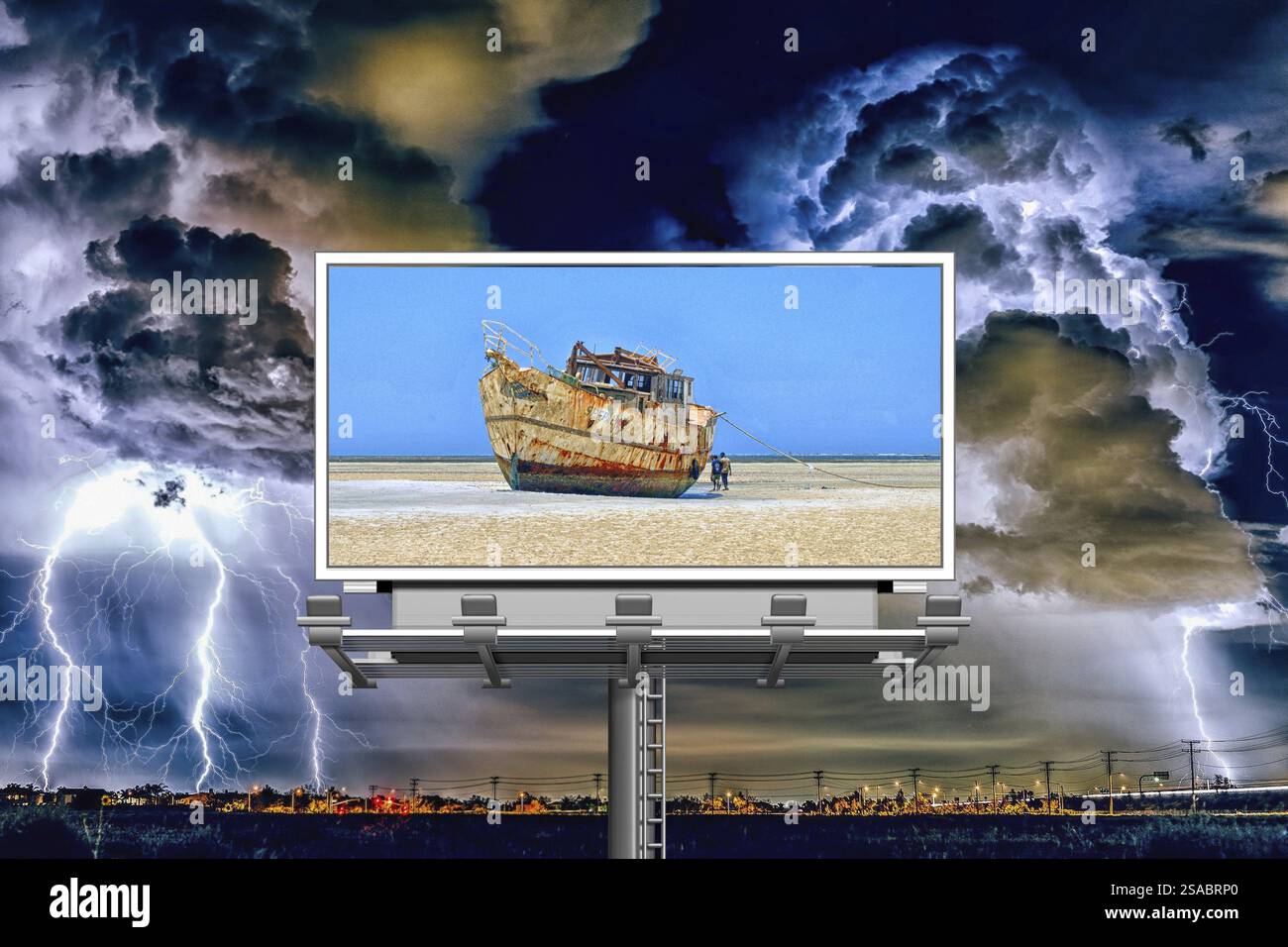 Symbolic image, storm over the city, billboard with ship on dry land ...