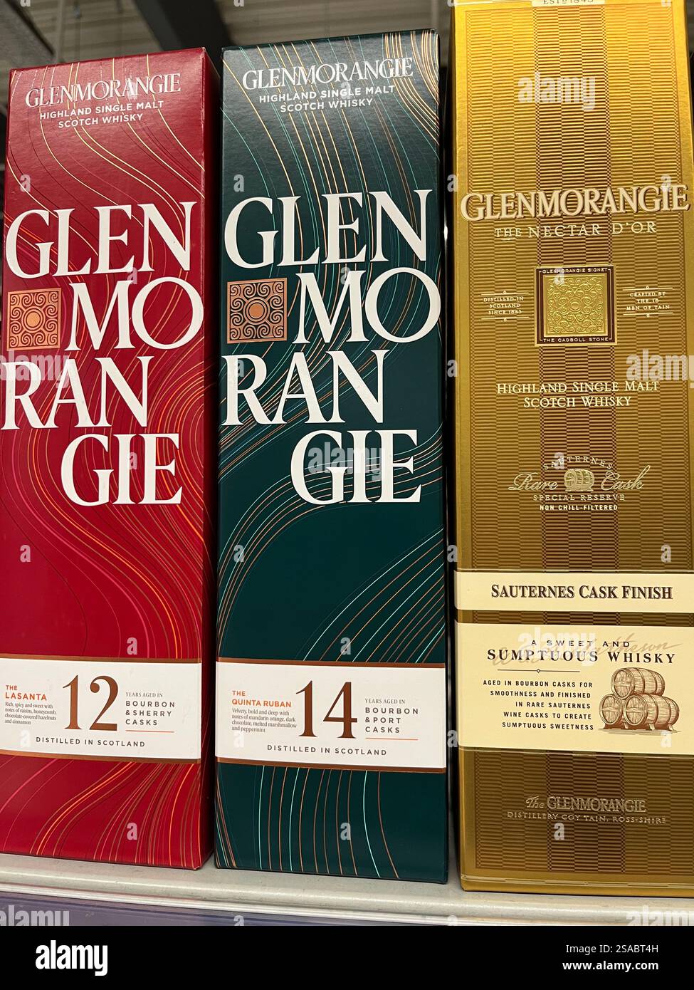 Glenmorangie, supermarket shelf, supermarket, store shelf, Scotch whisky, whisky, Glenmorangie whisky, Glenmorangie Scotch, highland single malt - Smartphone Captured Stock Image