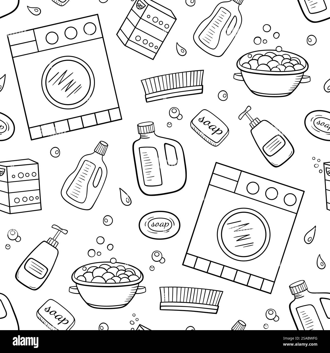 Seamless pattern with cleaning tools, washing machine and detergents ...