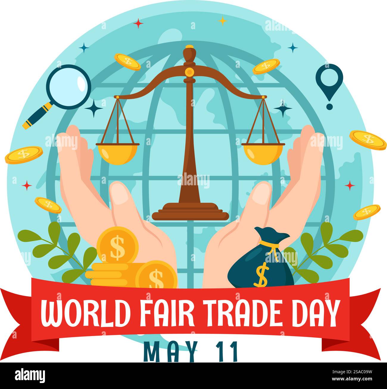 World Fair Trade Day Vector Illustration on 11 May with Gold Coins, Scales and Hammer for Climate Justice and Planet Economic in Flat Background Stock Vector