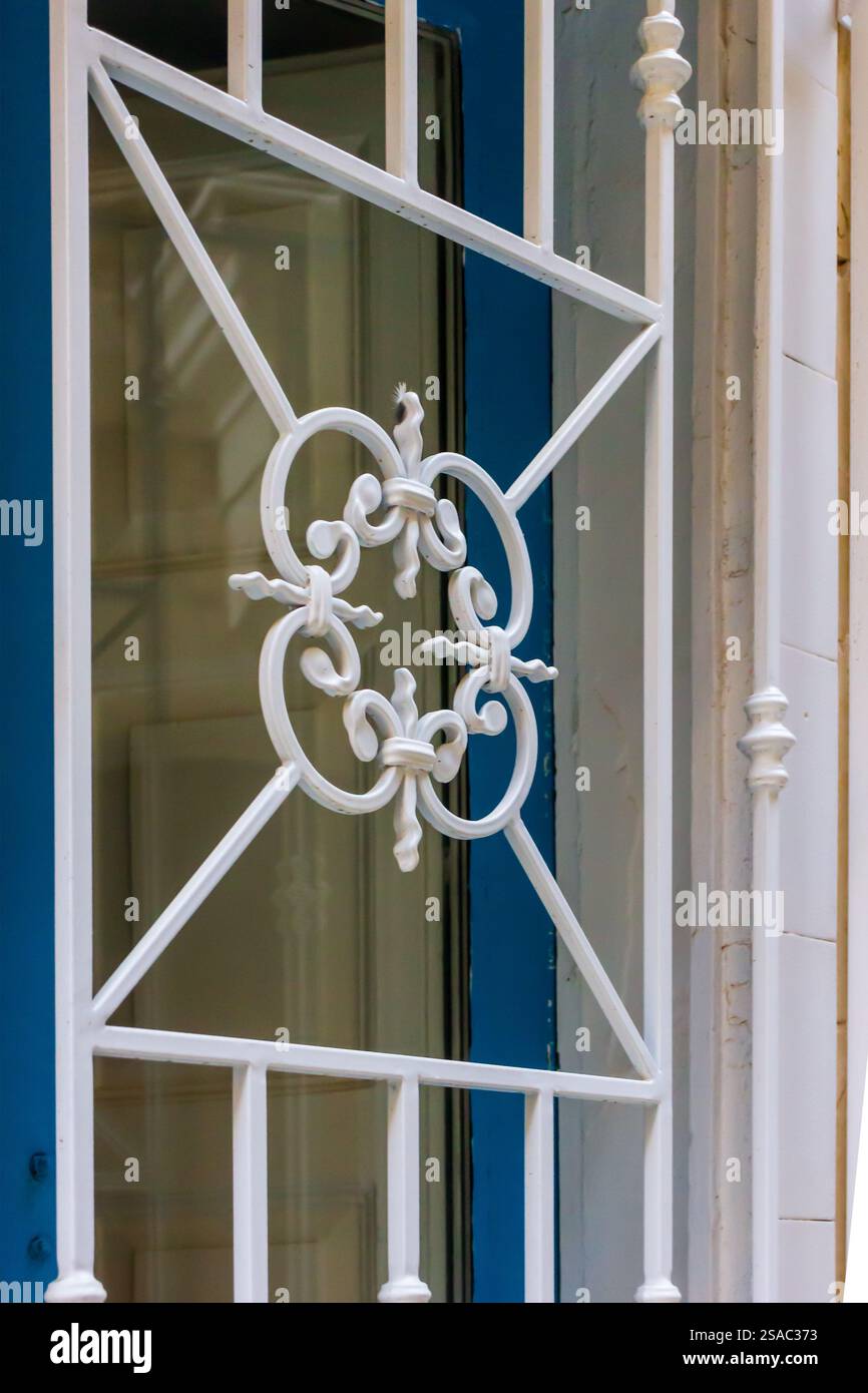 White Ornamental Metalwork on a Blue-Framed Window Panel Stock Photo