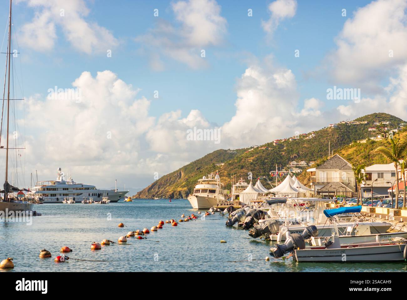 Panoramic view of Gustavia, Saint Barthelemy (St. Barts) harbor in the ...