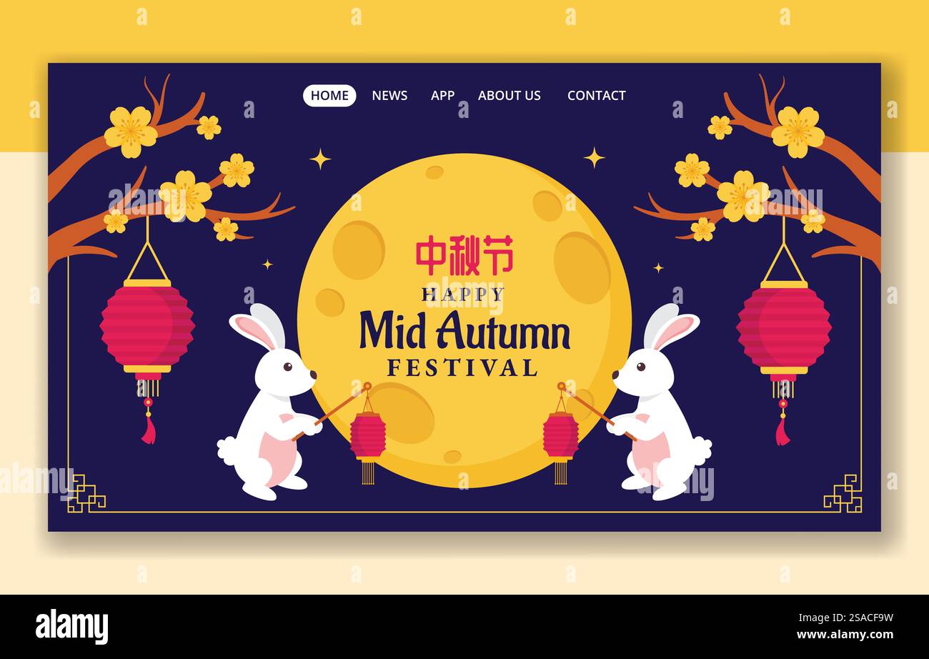 Translation : Mid Autumn Festival. Social Media Landing Page Cartoon ...