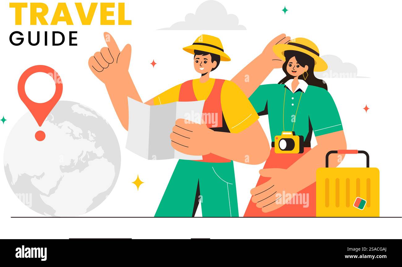 Travel Guide and Tour Vector Illustration Showing Interesting Places to a Group of Tourists for Vacation Planning in a Flat Style Cartoon Background Stock Vector