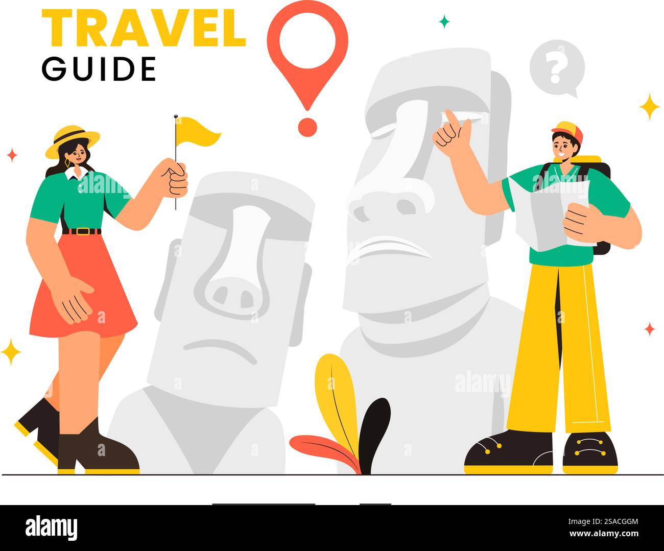 Travel Guide and Tour Vector Illustration Showing Interesting Places to a Group of Tourists for Vacation Planning in a Flat Style Cartoon Background Stock Vector