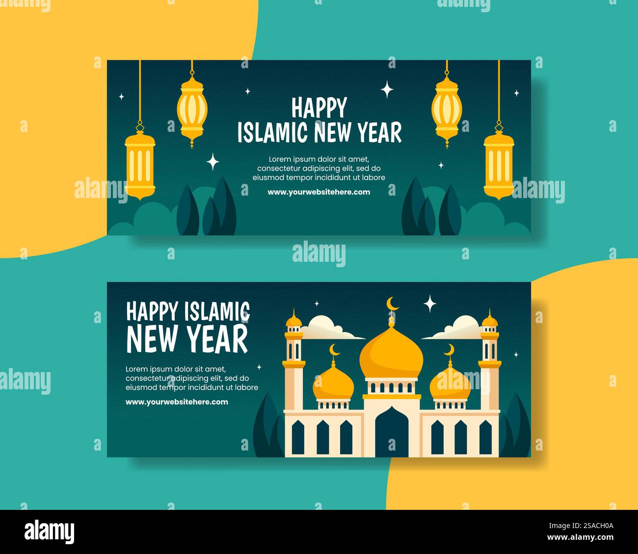 Islamic New Year Horizontal Banner Flat Cartoon Hand Drawn Templates ...