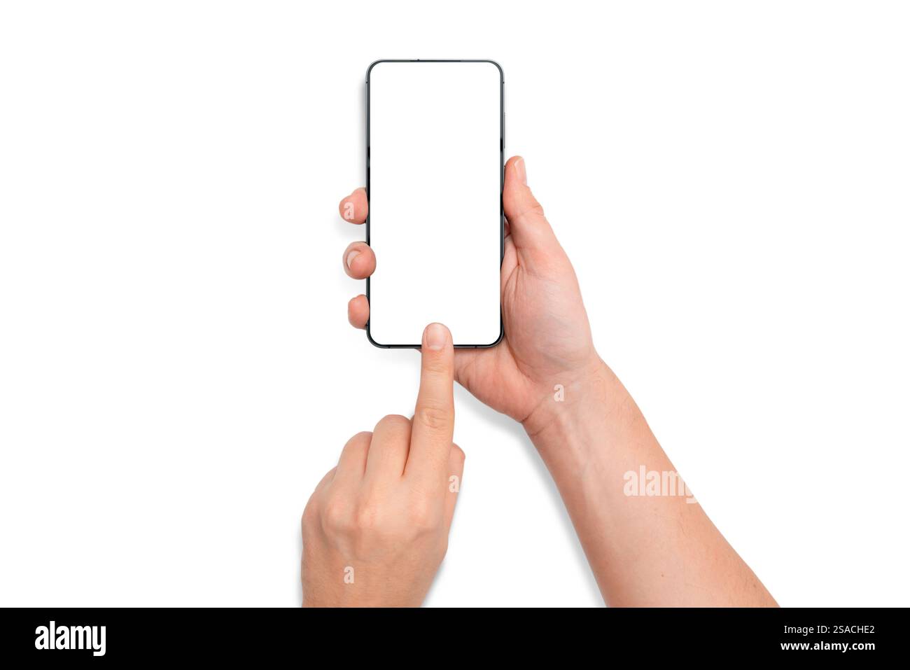 Hand holding modern smartphone, isolated mockup on white background Stock Photo