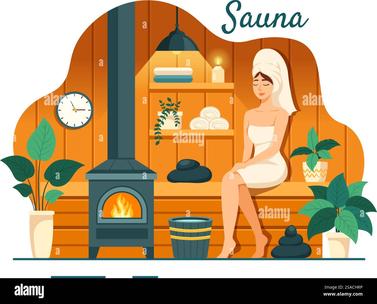 Sauna and Steam Room Vector Illustration with People Relax, Washing Their Bodies or Enjoying Time in Flat Cartoon Background Design Stock Vector