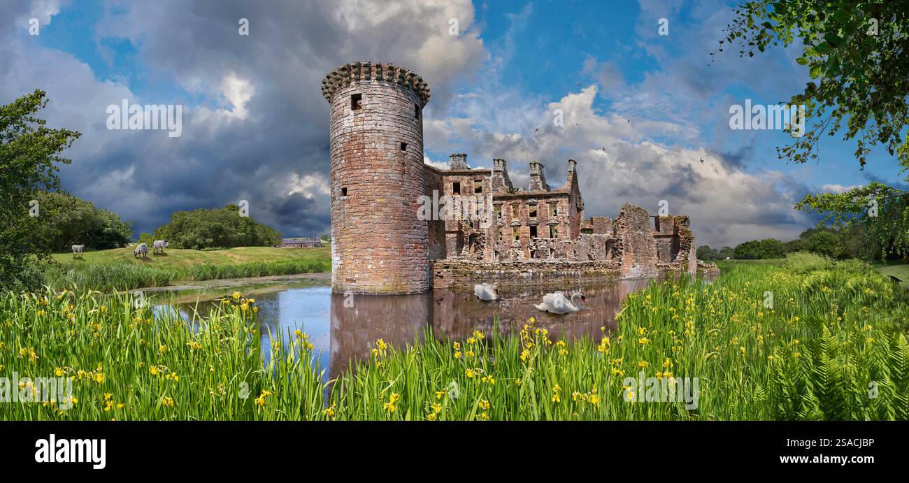 The enigmatic Caerlaverock Castle ruins, Dumfries, Scotland. Caerlaverock Castle is a moated triangular castle first built in the 13th century. It was Stock Photo