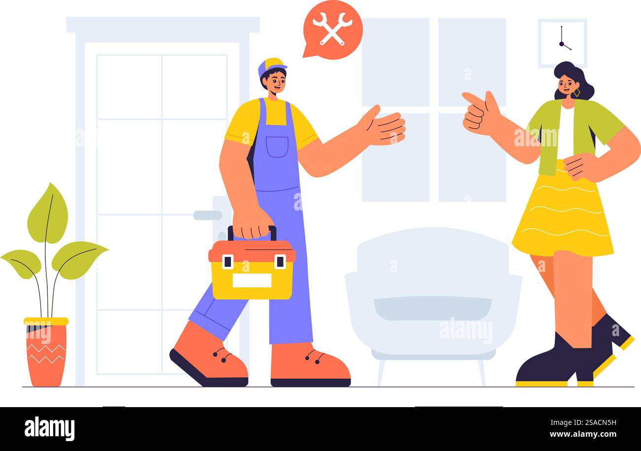 Vector Illustration of a Home Service Team featuring Cleaners, Renovation Workers, and Repairmen Building and Maintaining a House in a Flat Background Stock Vector