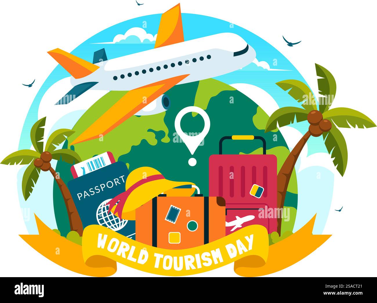 World Tourism Day Vector Illustration featuring a Globe and Famous Landmarks, Architectural Monuments, and National Statues in a Cartoon Background Stock Vector