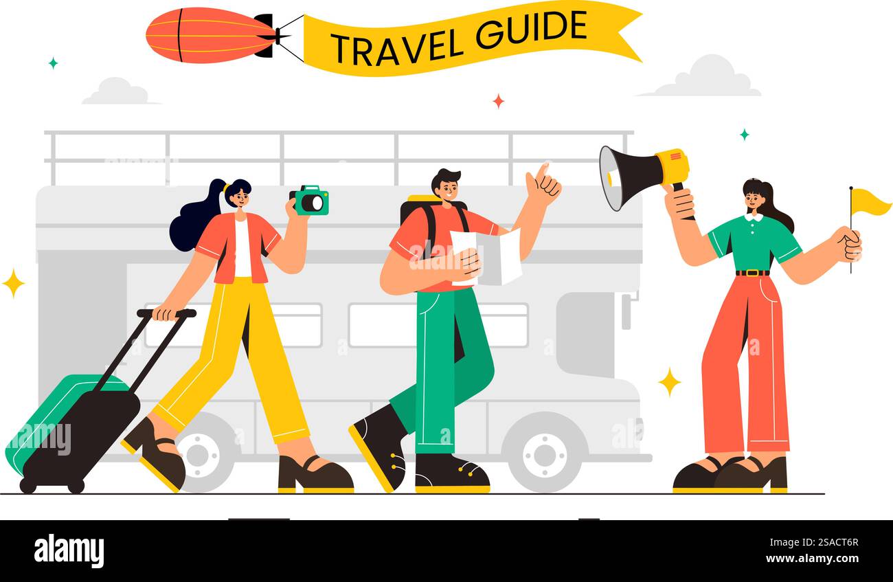 Travel Guide and Tour Vector Illustration Showing Interesting Places to a Group of Tourists for Vacation Planning in a Flat Style Cartoon Background Stock Vector