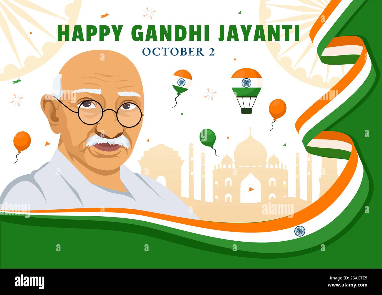 Happy Gandhi Jayanti Day is an Event Celebrated in India on October 2nd, which Marks Gandhi&rsquo;s Birthday in Flat Cartoon Background Vector Illustration Stock Vector