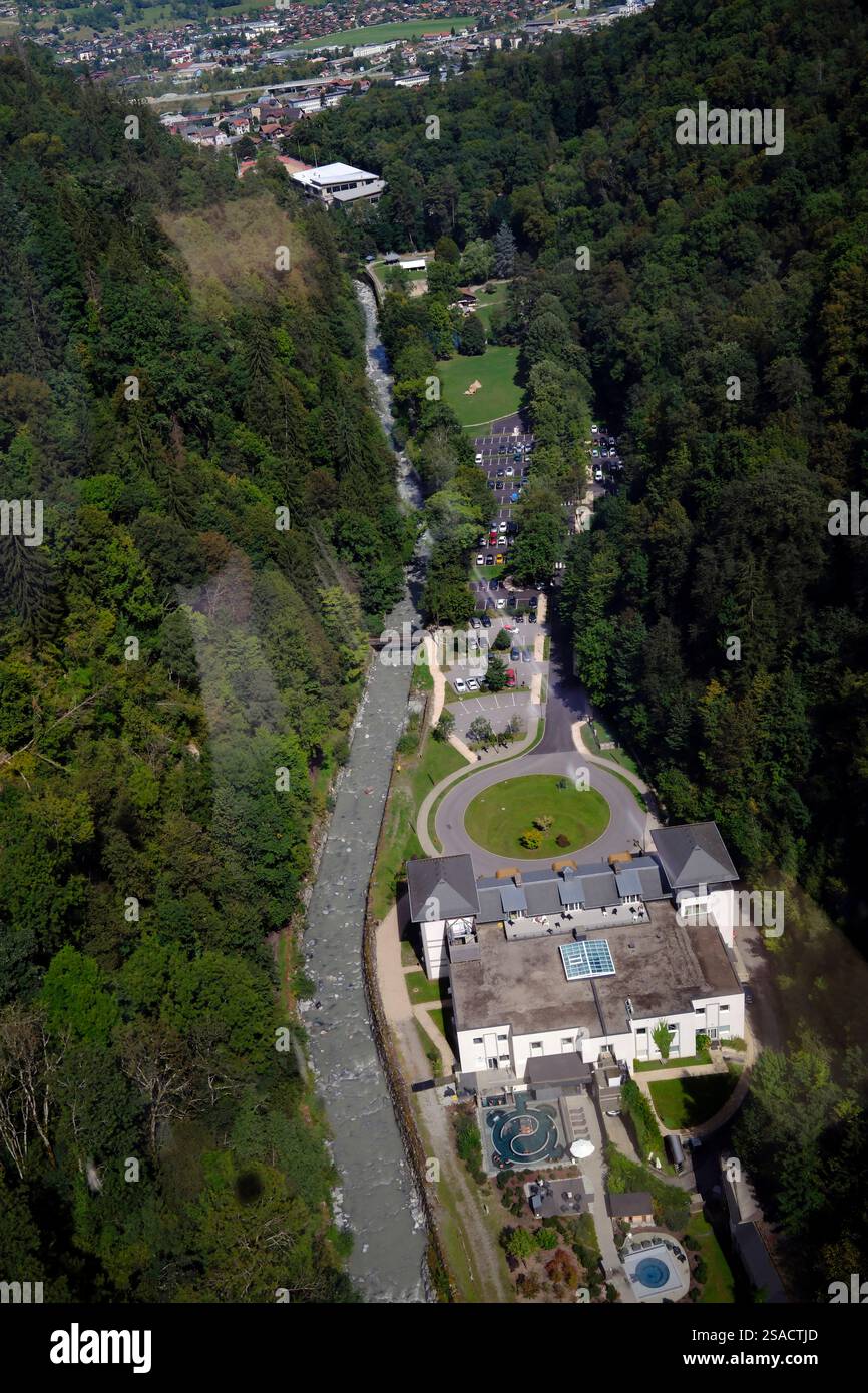 Aerial view of Saint-Gervais Mont-Blanc thermal spa in the french Alps ...