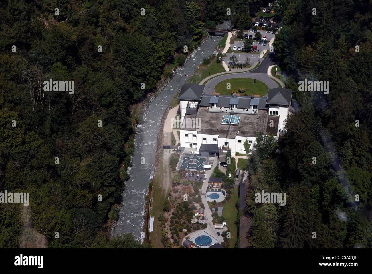 Aerial view of Saint-Gervais Mont-Blanc thermal spa in the french Alps ...