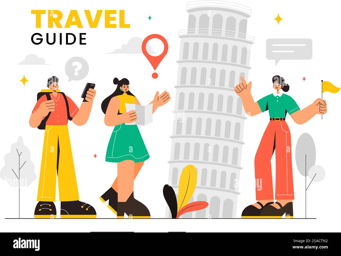 Travel Guide and Tour Vector Illustration Showing Interesting Places to a Group of Tourists for Vacation Planning in a Flat Style Cartoon Background Stock Vector