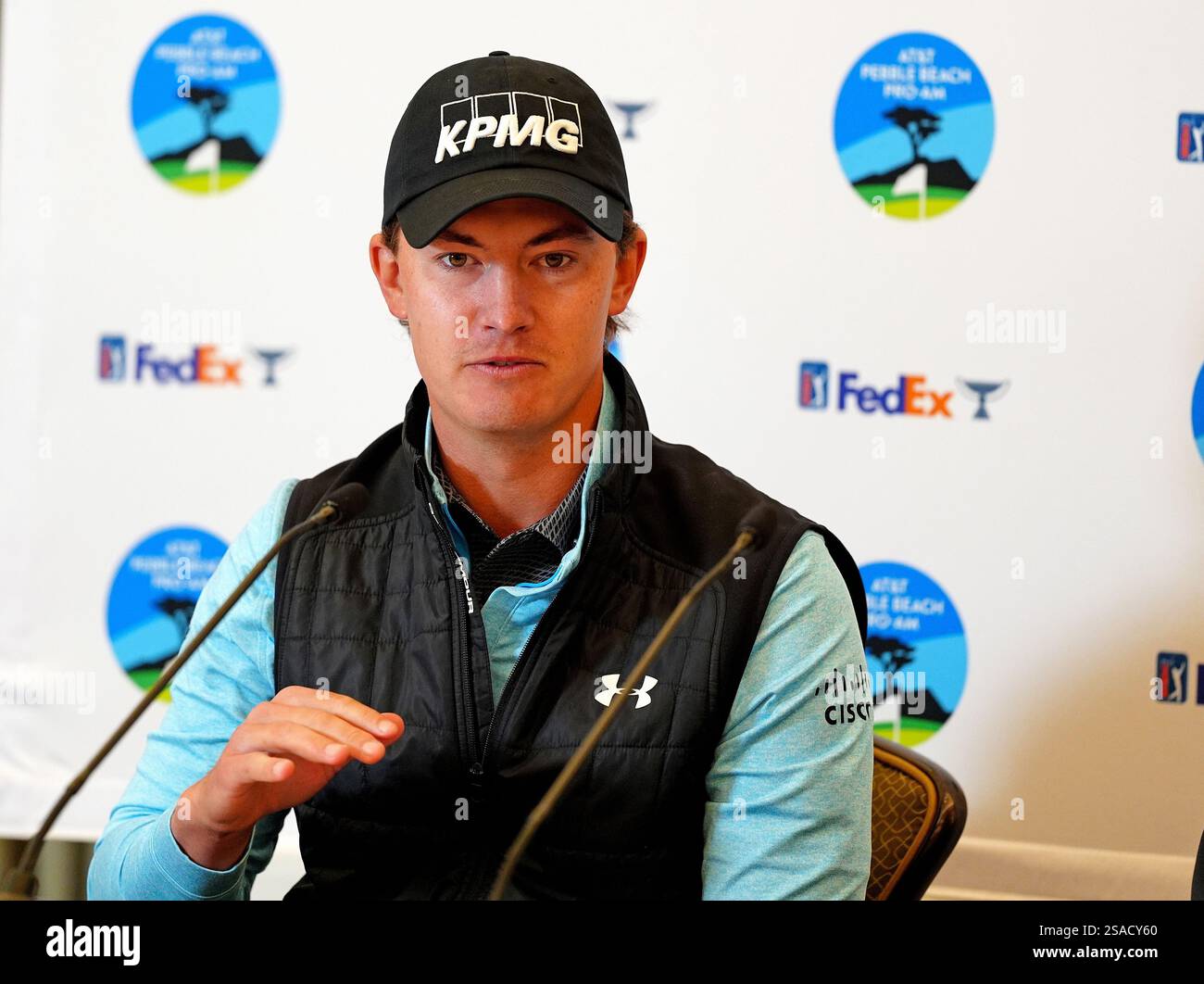 PEBBLE BEACH, CA JANUARY 29 PGA golfer Maverick McNealy speaks