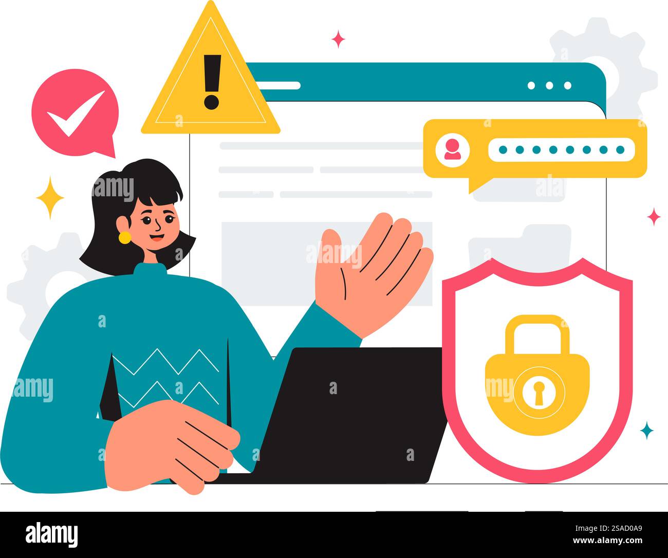 Vulnerability and Threat Management Solutions Vector Illustration featuring Data Breach Security Attack, Hacker Fraud, and Coding Issues in background Stock Vector