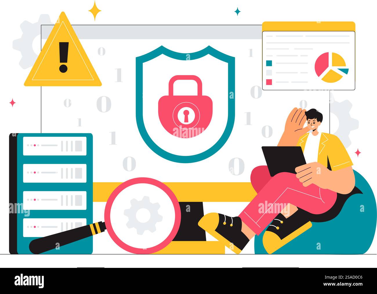 Vulnerability and Threat Management Solutions Vector Illustration featuring Data Breach Security Attack, Hacker Fraud, and Coding Issues in background Stock Vector