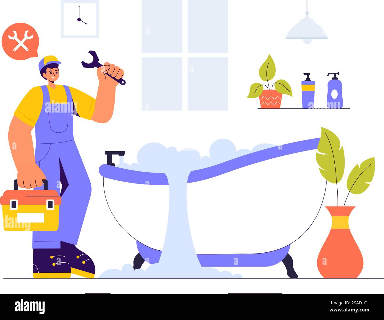 Vector Illustration of a Home Service Team featuring Cleaners, Renovation Workers, and Repairmen Building and Maintaining a House in a Flat Background Stock Vector