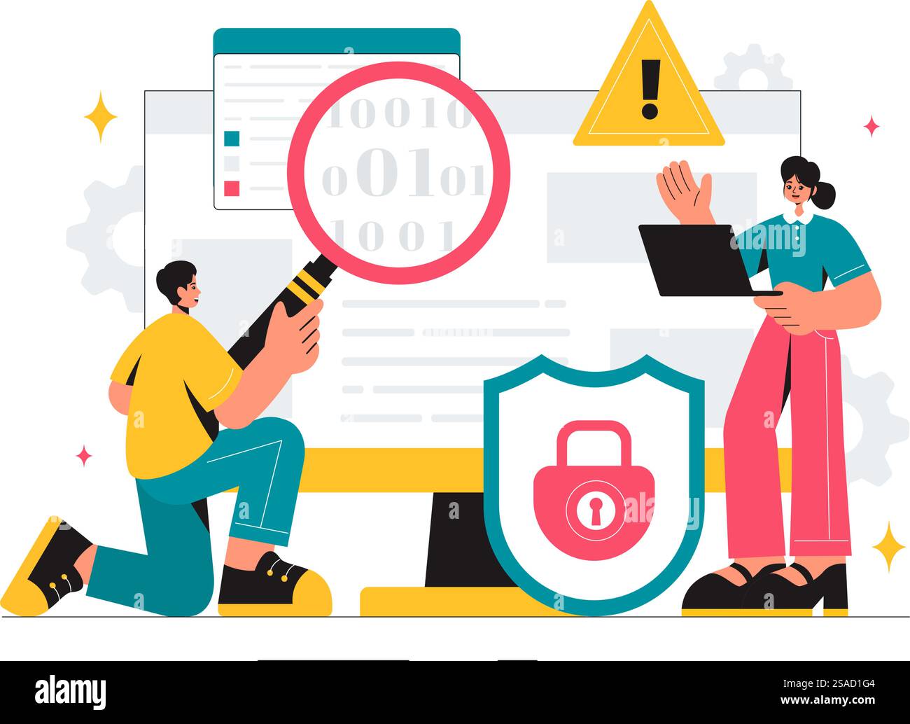 Vulnerability and Threat Management Solutions Vector Illustration featuring Data Breach Security Attack, Hacker Fraud, and Coding Issues in background Stock Vector