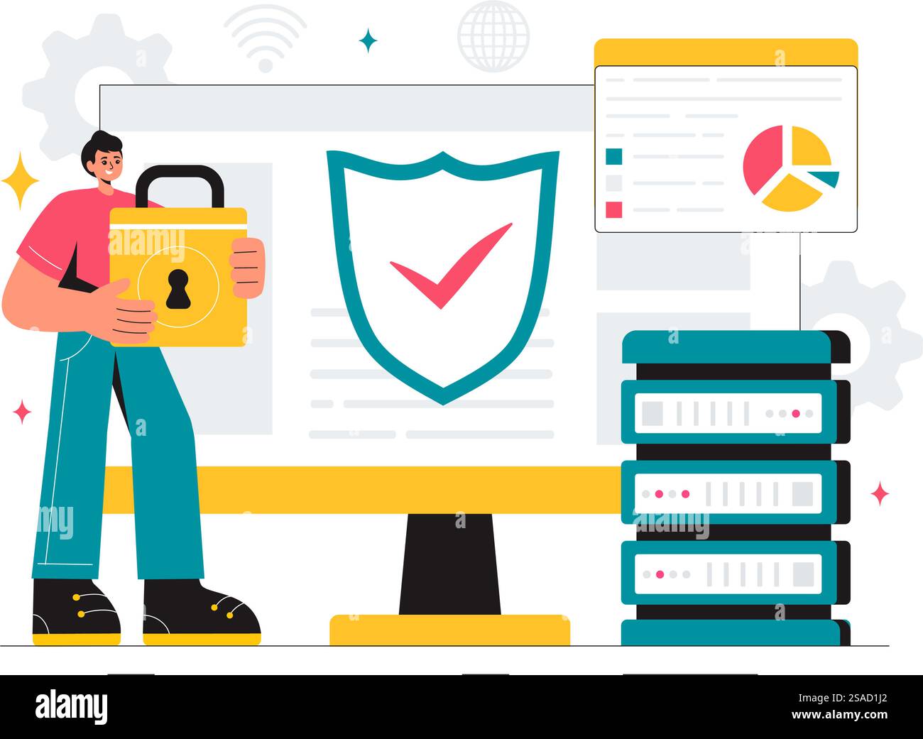 Vulnerability and Threat Management Solutions Vector Illustration featuring Data Breach Security Attack, Hacker Fraud, and Coding Issues in background Stock Vector
