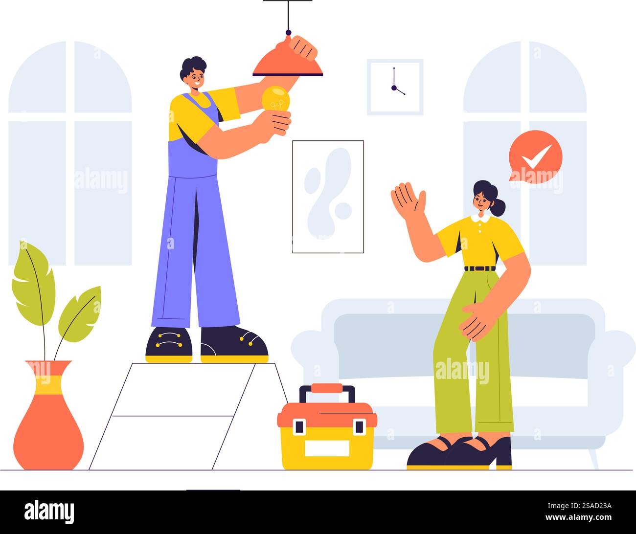 Vector Illustration of a Home Service Team featuring Cleaners, Renovation Workers, and Repairmen Building and Maintaining a House in a Flat Background Stock Vector