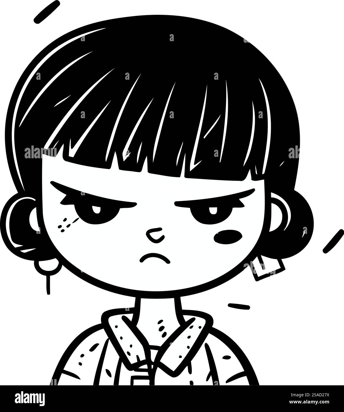 Angry cartoon woman face. Vector illustration. Black and white Stock ...