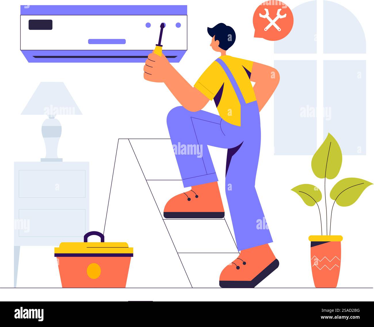 Vector Illustration of a Home Service Team featuring Cleaners, Renovation Workers, and Repairmen Building and Maintaining a House in a Flat Background Stock Vector