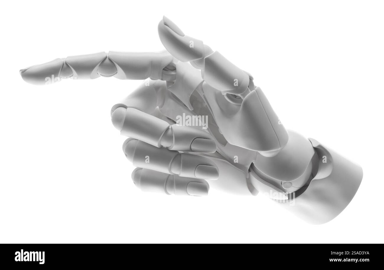 Artificial intelligence. Robot hand pointing at something on white ...