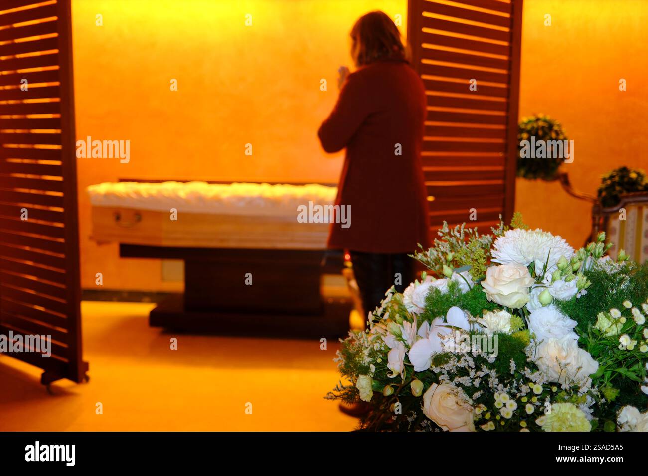 Funeral home. Mortuary. Final farewell to the deceased. Mourning Stock