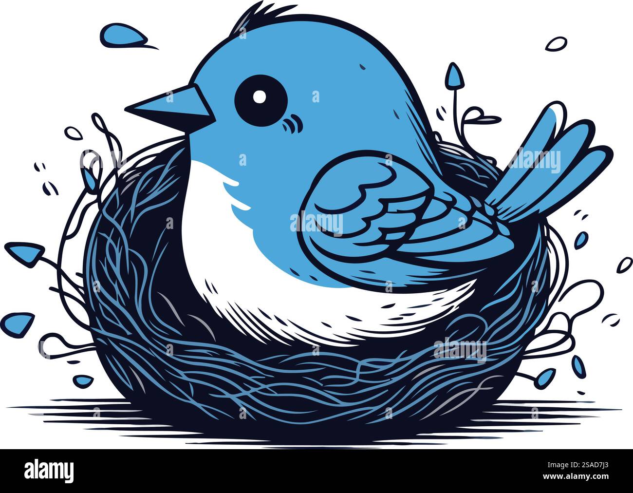 Vector hand drawn illustration of a cute blue bird in the nest Stock ...