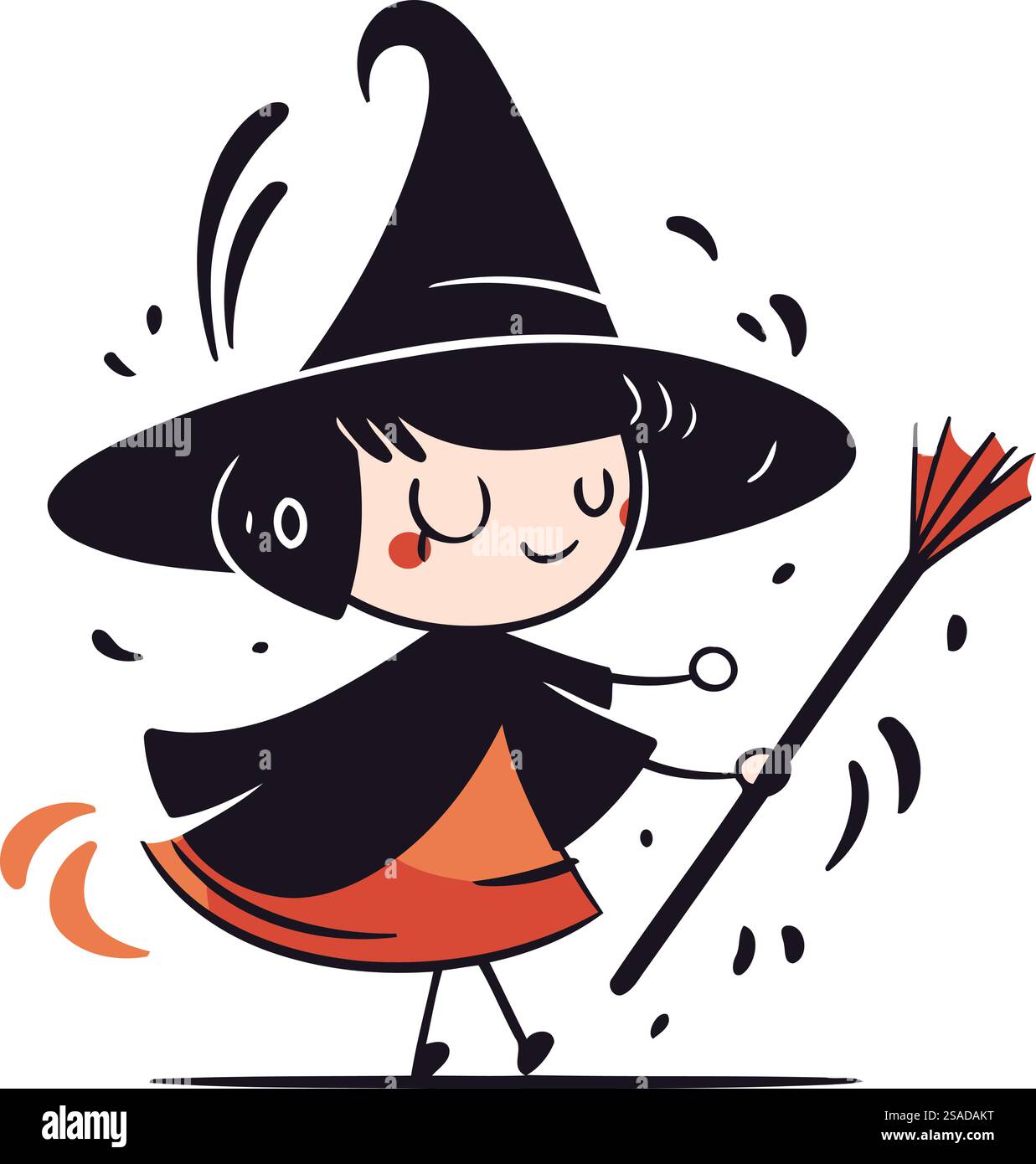 Cute little girl in a witch costume with a broom. Vector illustration ...