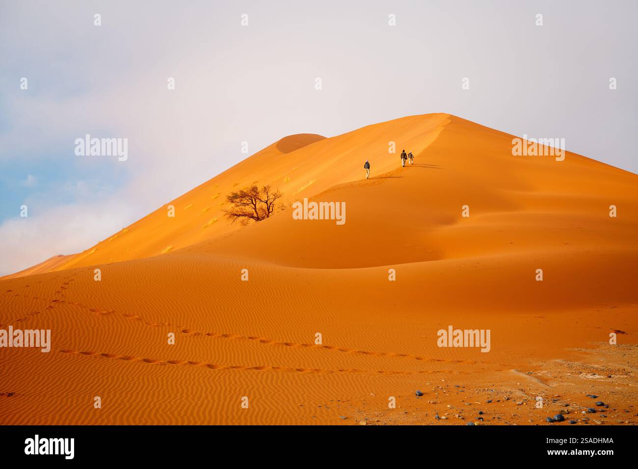 Family of father and two kids climbing up famous red sand dune in ...