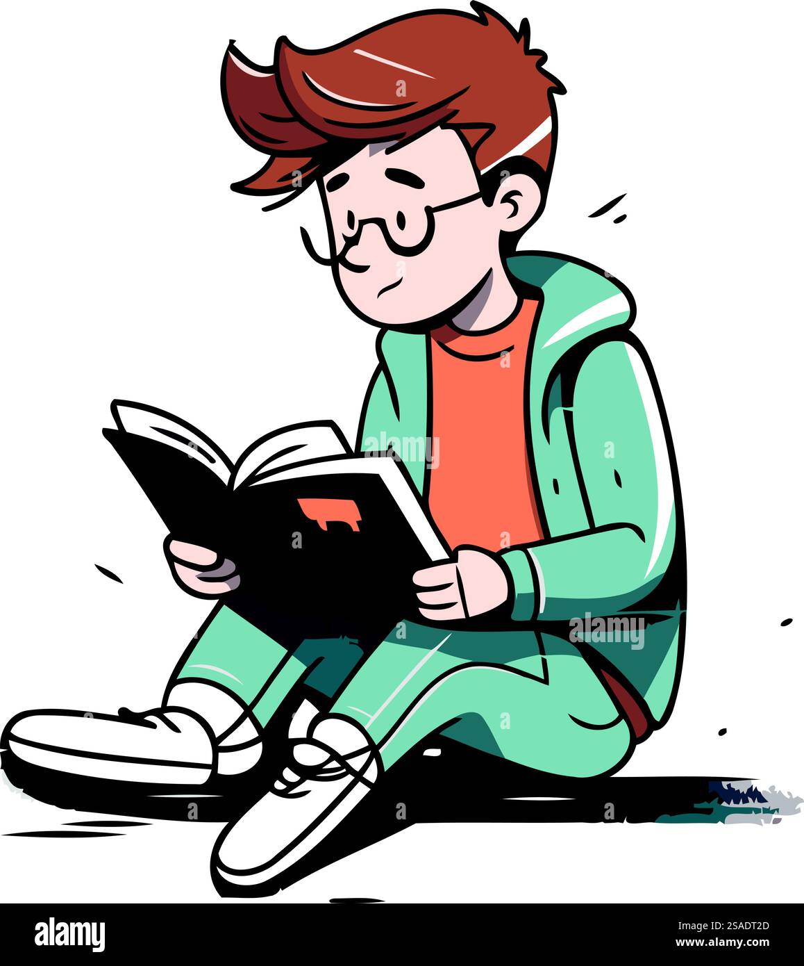 Vector illustration of a teenage boy reading a book sitting on the ...