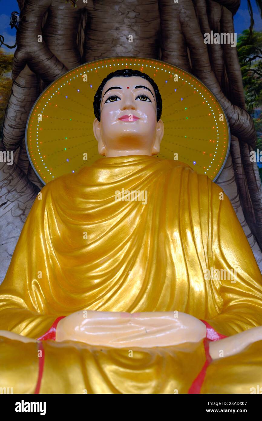 Phuoc Long Buddhist pagoda. Main altar. Golden Buddha statue. Tan
