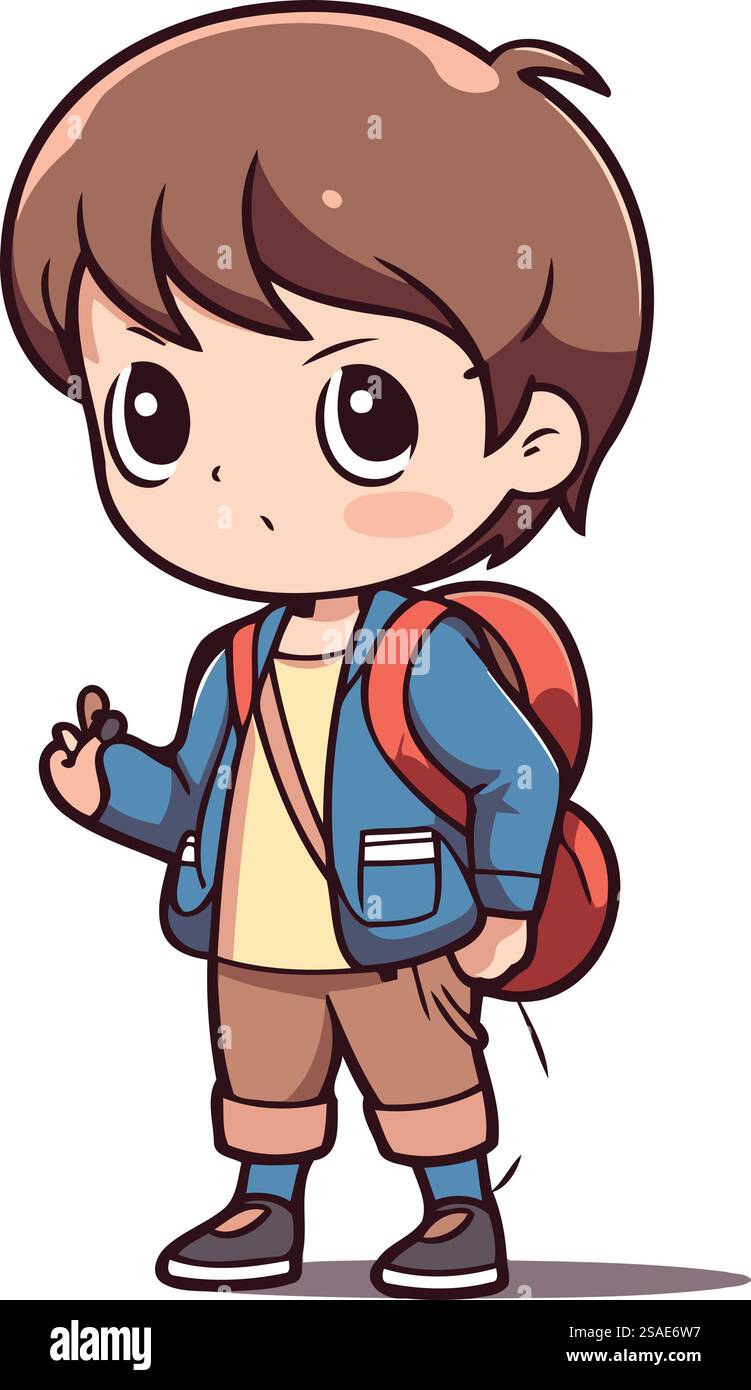 Cute little boy going to school with backpack. Vector illustration ...