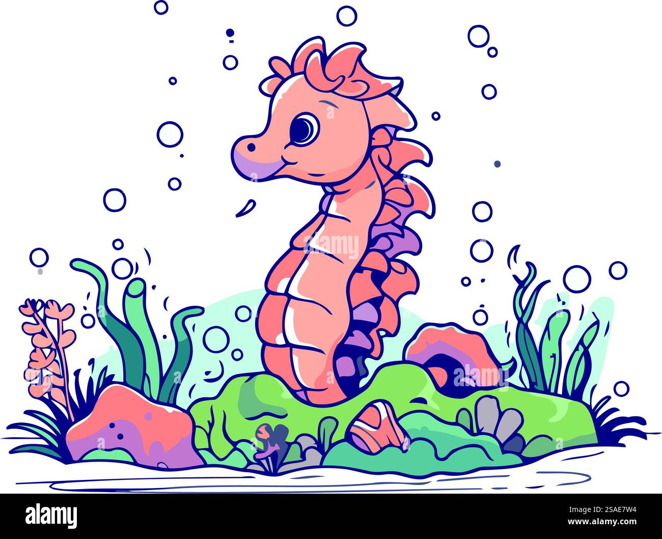 Cute cartoon seahorse in the sea. Vector illustration Stock Vector ...