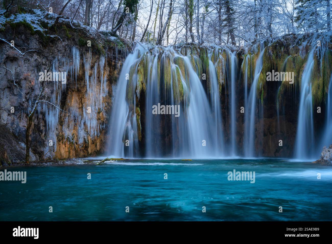 Winter waterfall, lake, frozen trees with icicles in cold evening Stock ...