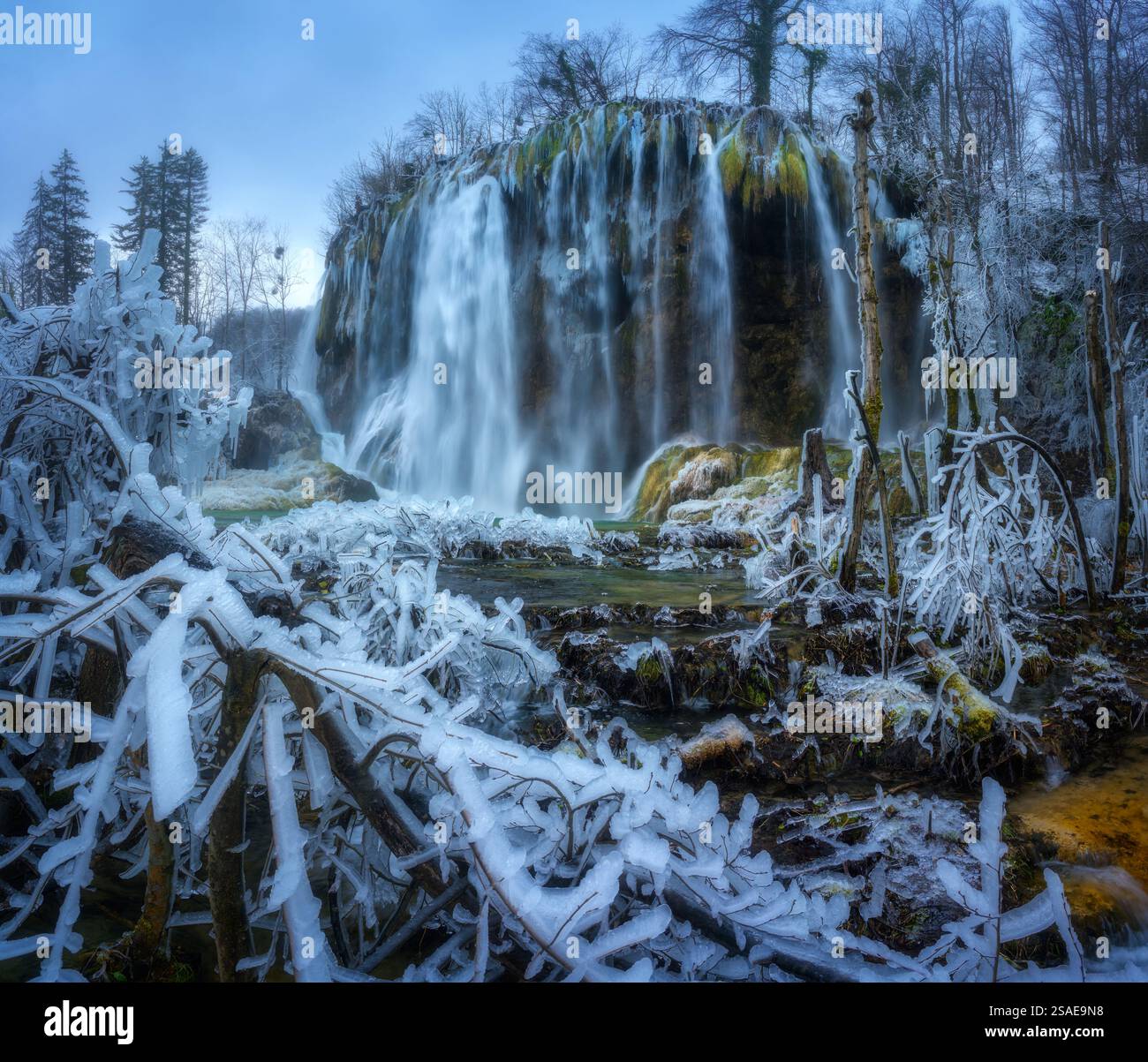 Winter waterfall, lake, frozen trees with icicles in cold evening Stock ...
